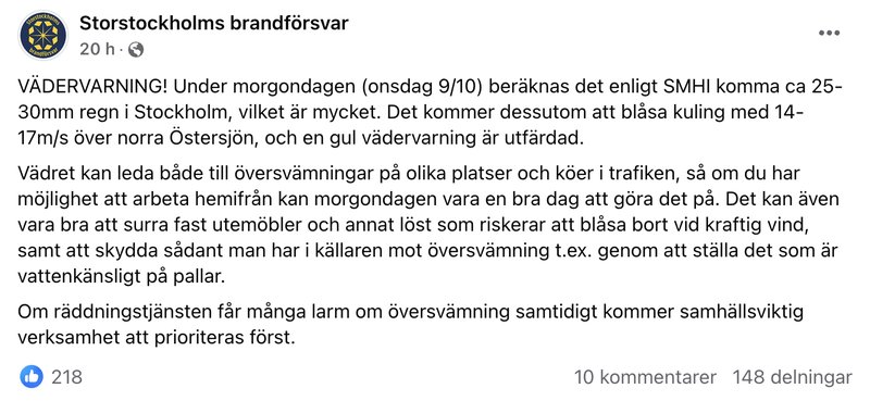 Foto: Skärmavbild Facebook/Storstockholms brandförsvar Foto: Skärmavbild Facebook/Storstockholms brandförsvar